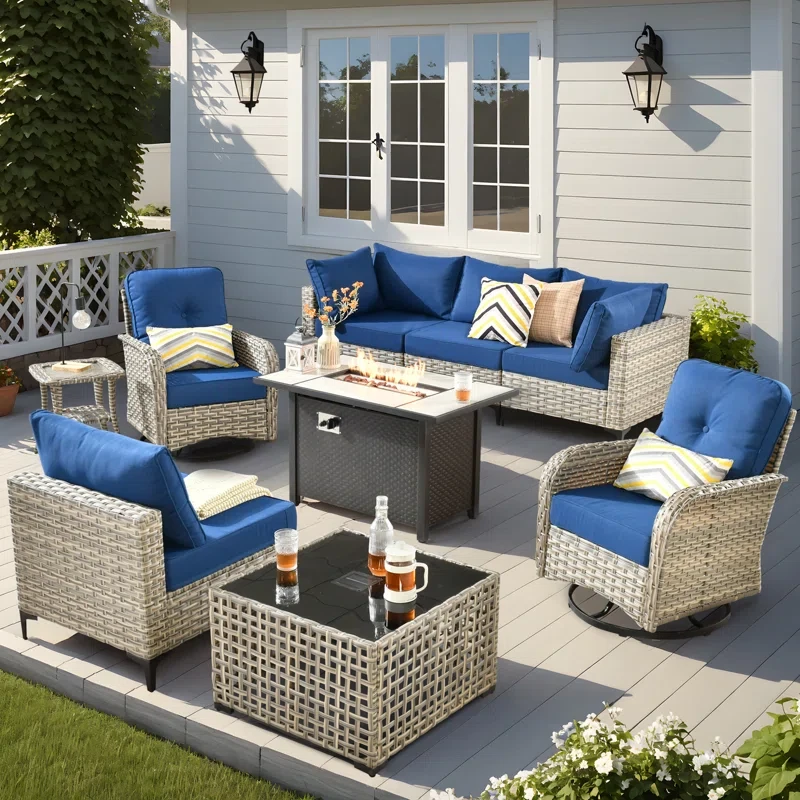 6 Seats High Quality Pe Rattan Outdoor Furniture Sofa With Rocking Chair And Stove, Can Be Freely Combined