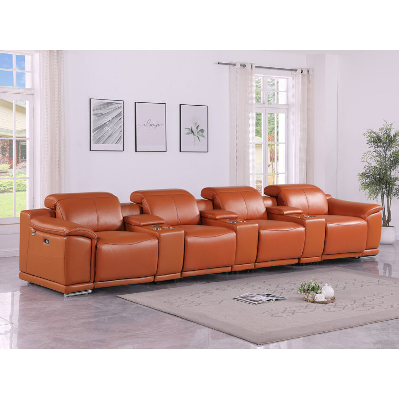 Lily 7 Piece 4 Power Top Grain Italian Leather Home Theater Seating