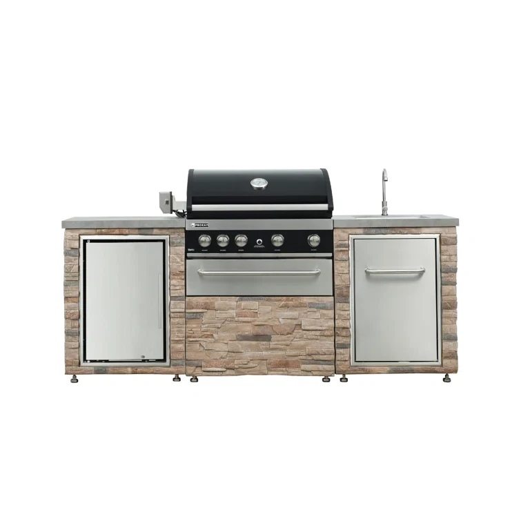 Prokan 86.7 W Outdoor Kitchen Desert Sunrise 5B Propane Grill Island with 63L fridge and Sink