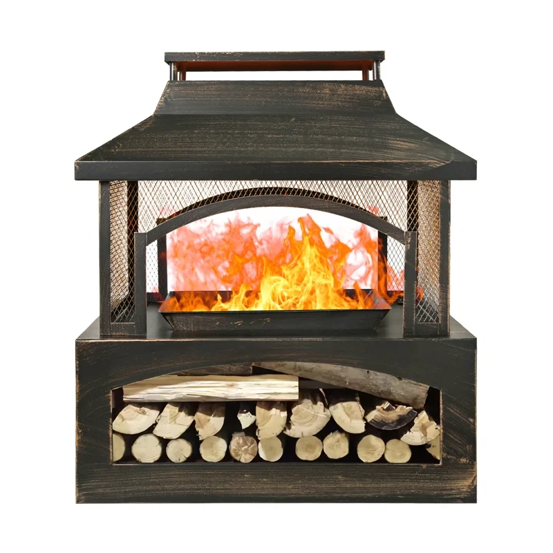 37-Inch Rectangular Metal Outdoor Wood Burning Fireplace - Outdoor Fireplace With Built-In Log Storage And Poker-Brushed Bronze,Log Burner Fire Pit For Patio Garden And Backyard