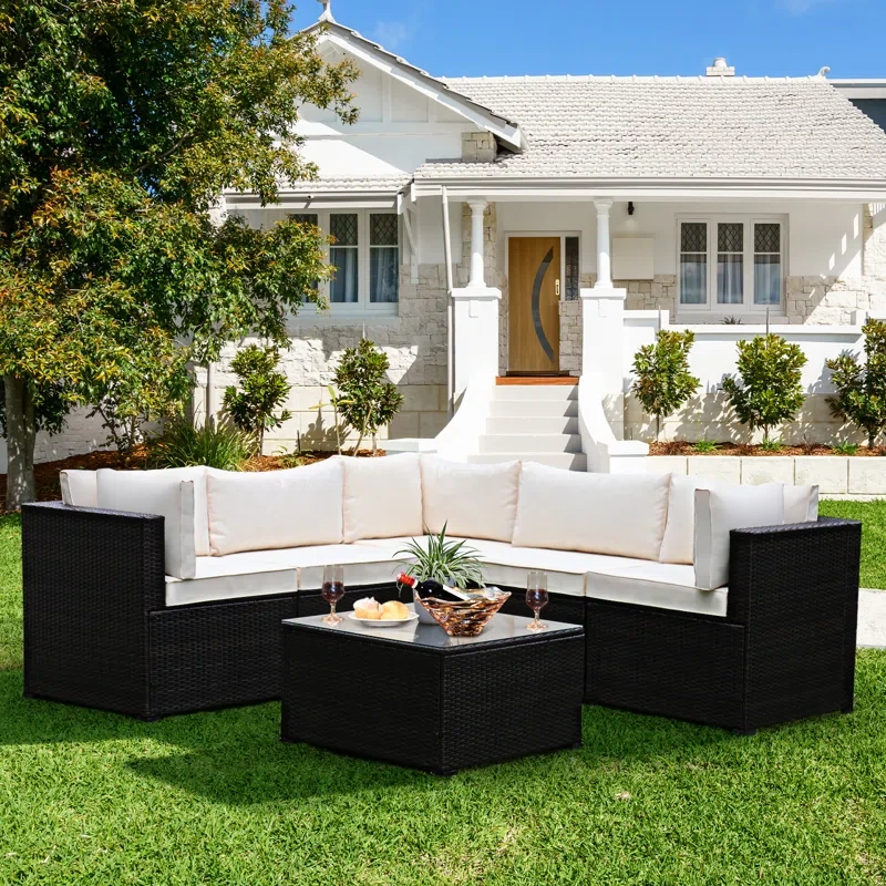 Patiojoy 6 Pcs Patio Rattan Furniture Set Outdoor Wicker Conversation Sofa Set W/tempered Glass Coffee Table Navy