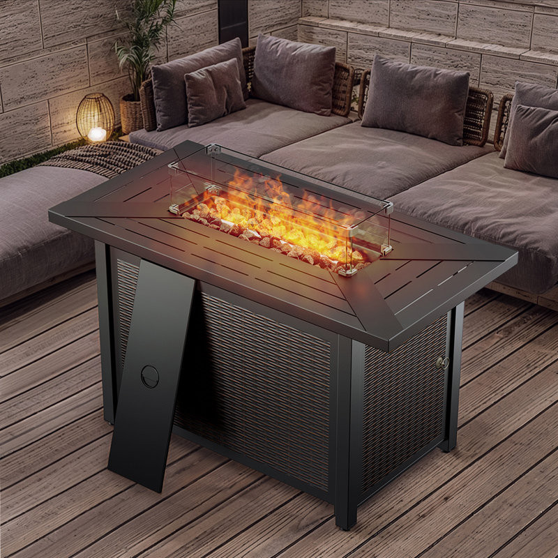 Rectangular Iron Fire Pit Table With Wicker Print Finish - 50,000 BTU Adjustable Outdoor Heater With Wind Guard