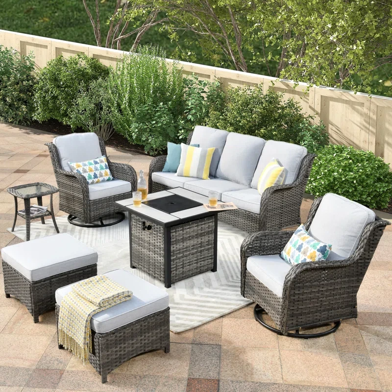 7 Piece Rattan Sofa Seating Group with Fire Pit and Cushions