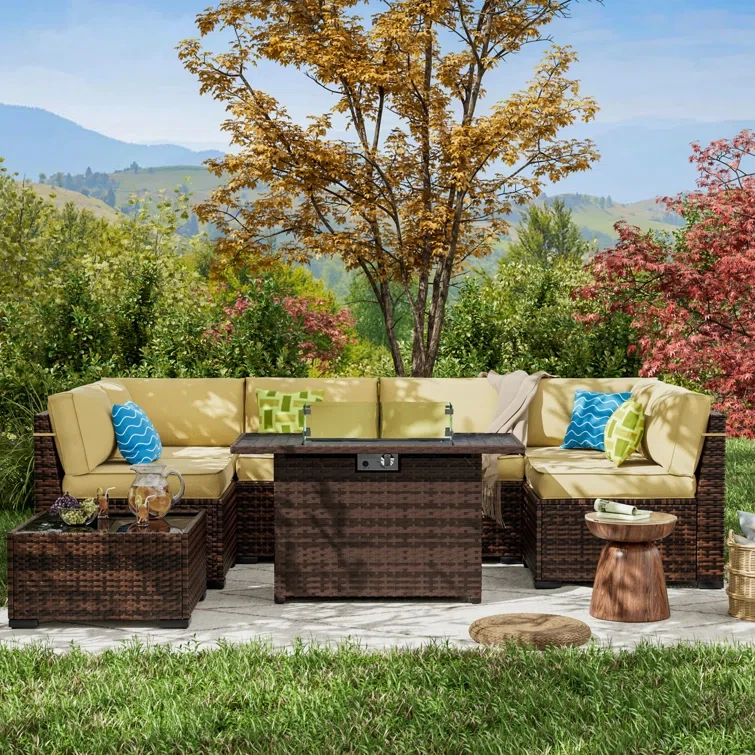 Rikuto 6-Person Slanted-Back Sectional Sofa With Fire Pit Table, Coffee Table