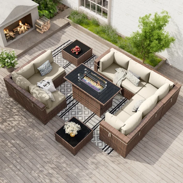 Mecayla 8-Person Rattan Wicker Set with Fire Pit Table