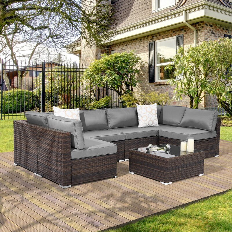 Outdoor 7 Pieces Sectional Sofa Conversation Sets, Patio PE Wicker Rattan Woven, Washable Sponge Cushions With Tea Table