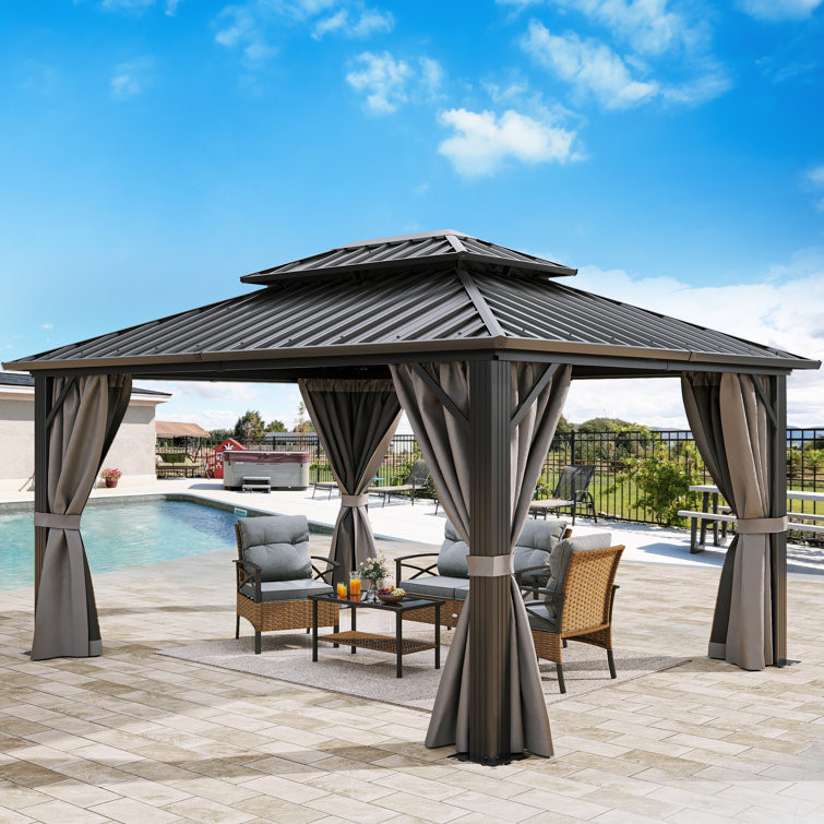 Outdoor Aluminum Hardtop Patio Gazebo with Curtain and Netting