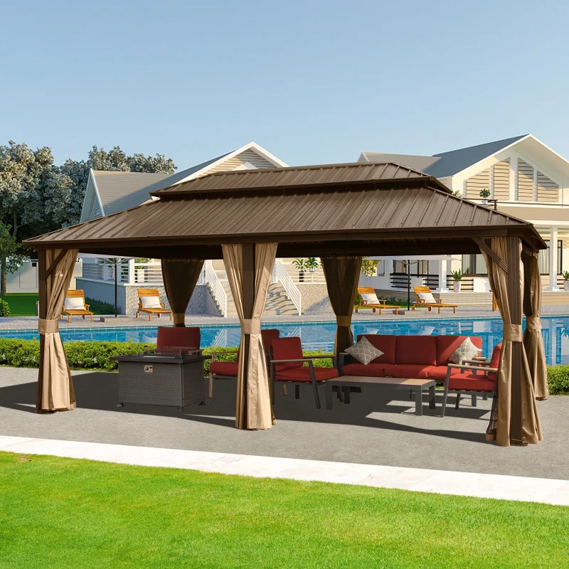 Galvanized Steel Patio Gazebo with Overhang Slope-design Double Roof 20 Ft. W x 12 Ft. D