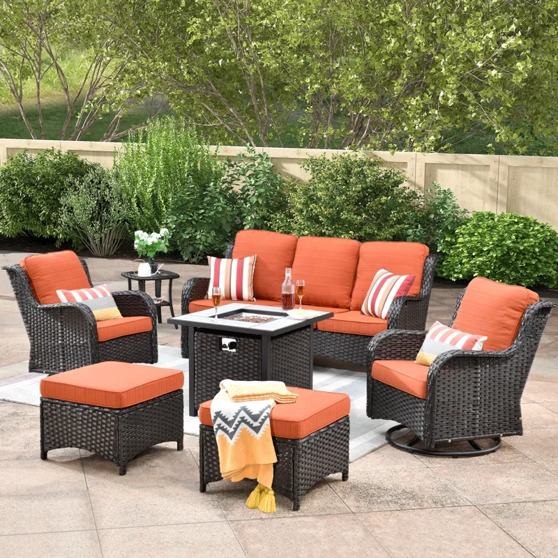 7 Piece Rattan Sofa Seating Group with Fire Pit and Cushions