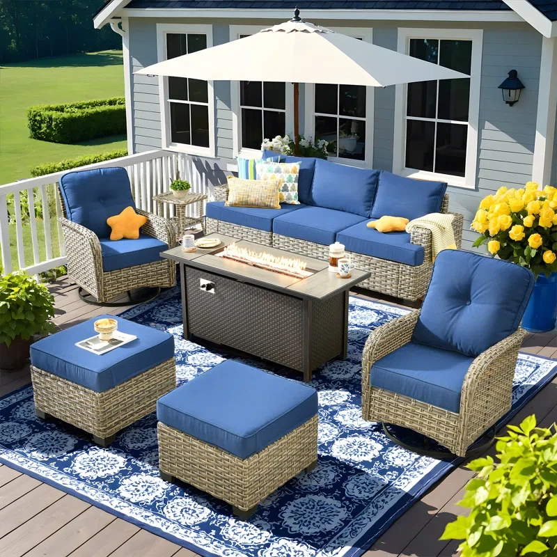 9 Piece Sofa Seating Group With Fire Pit And Cushions