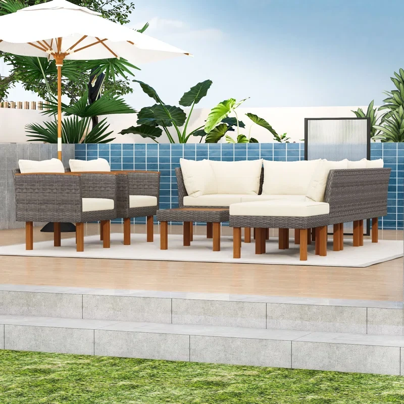 Catara 9-Piece Wicker Outdoor Conversation Set with Solid Wood Legs and Removable Cushions