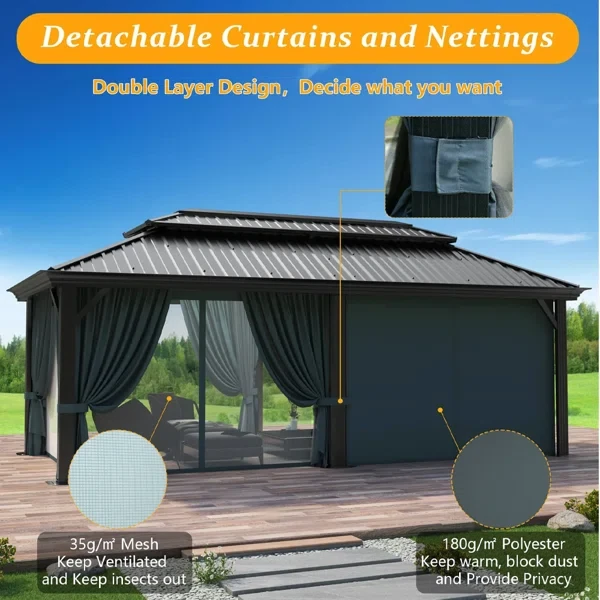 20 Ft. W x 12 Ft. D Metal Hardtop Gazebo Aluminum Gazebo with Galvanized Steel Double Roof