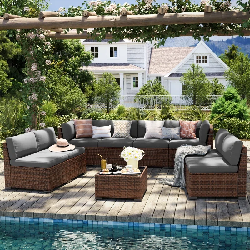 8 Person Rattan Sectional Seating Group With Cushions