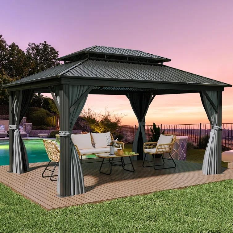 Outdoor Aluminum Hardtop Patio Gazebo with Curtain and Netting