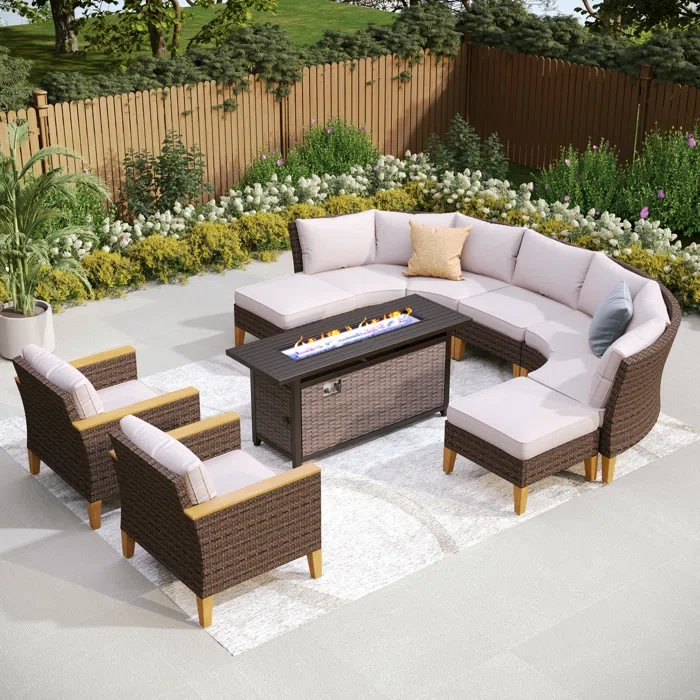 Argyri Wicker Outdoor Patio Conversation Furniture Sectional Set with Fire Pit Table