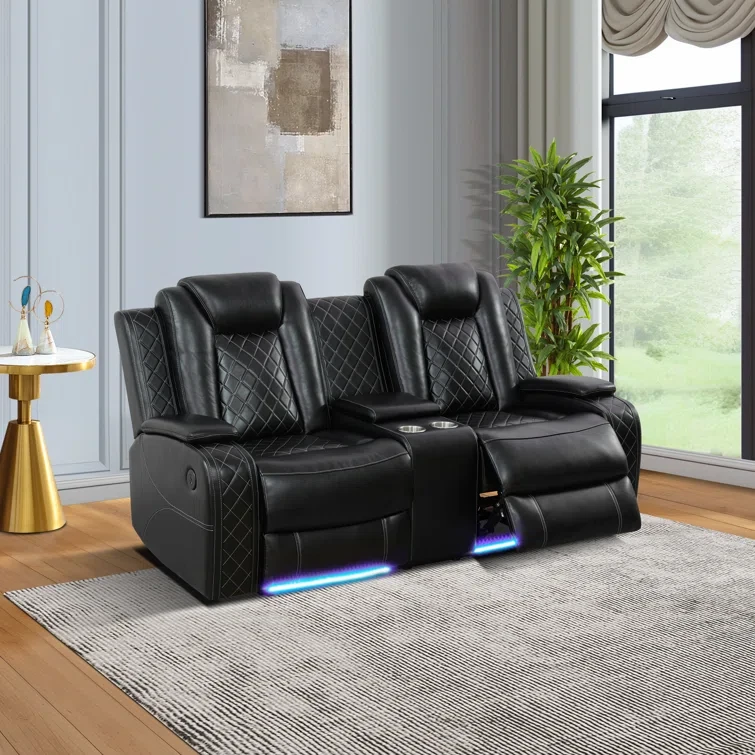 2-Piece Vegan Leather Power Reclining Living Room Sofa Set With Wireless Chargers And LED Lights (Set of 2)