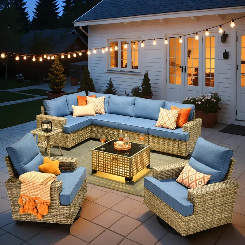 Outdoor Sofa 9-Piece Set With Coffee Table, Deep Size And Thick Cushion