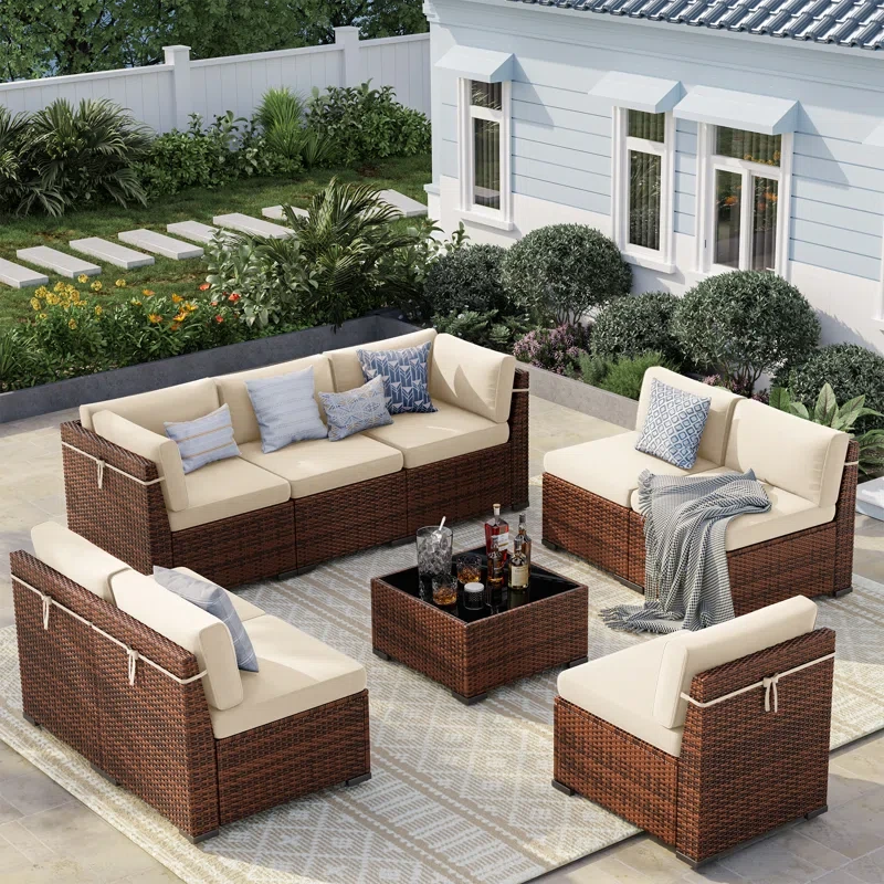 8 Person Rattan Sectional Seating Group With Cushions