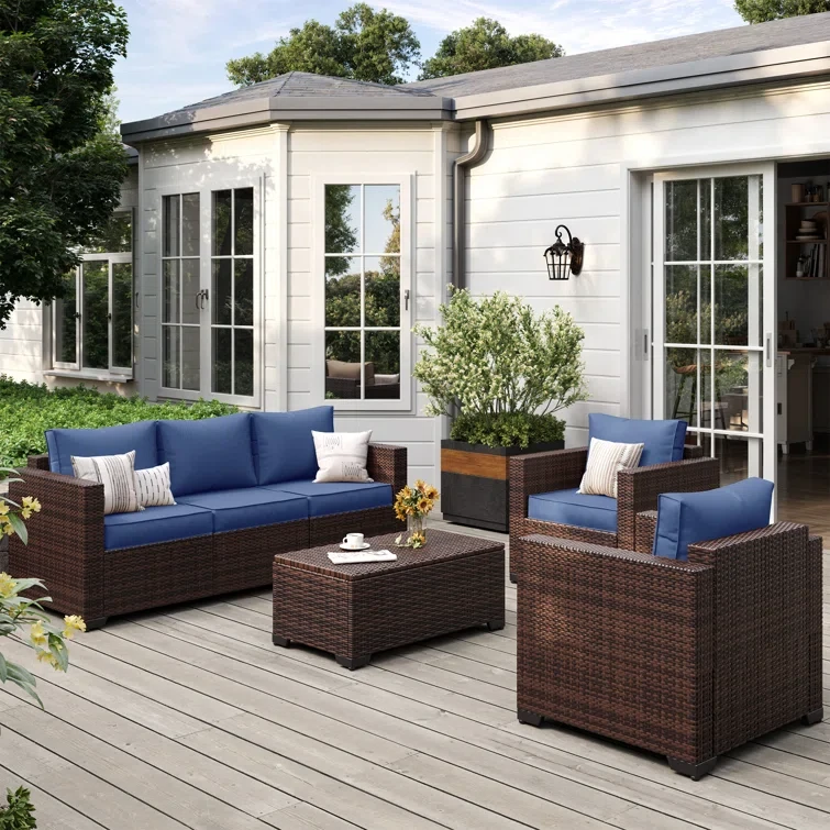 4-Pieces Wide Armrest Outdoor Sectional Rattan Conversation Set with Storage Table.