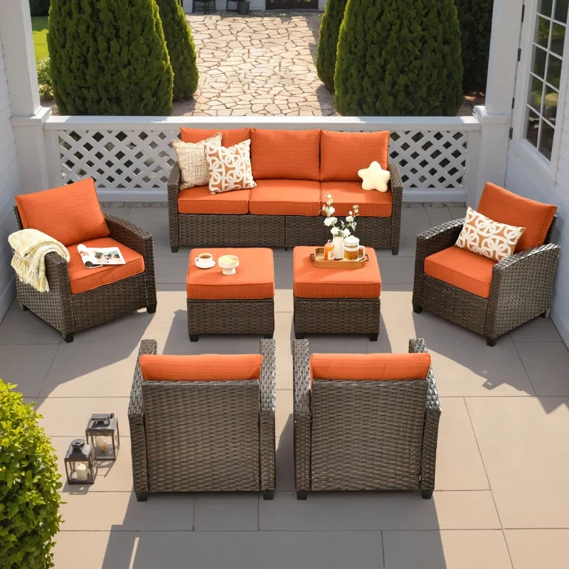 Patio Furniture Set With Firepit Table, 8 Pieces Outdoor Wicker Rattan Sofa Couch With 4 Chairs, Ottomans And Comfy Cushions, All Weather High Back Conversation Set Garden Backyard