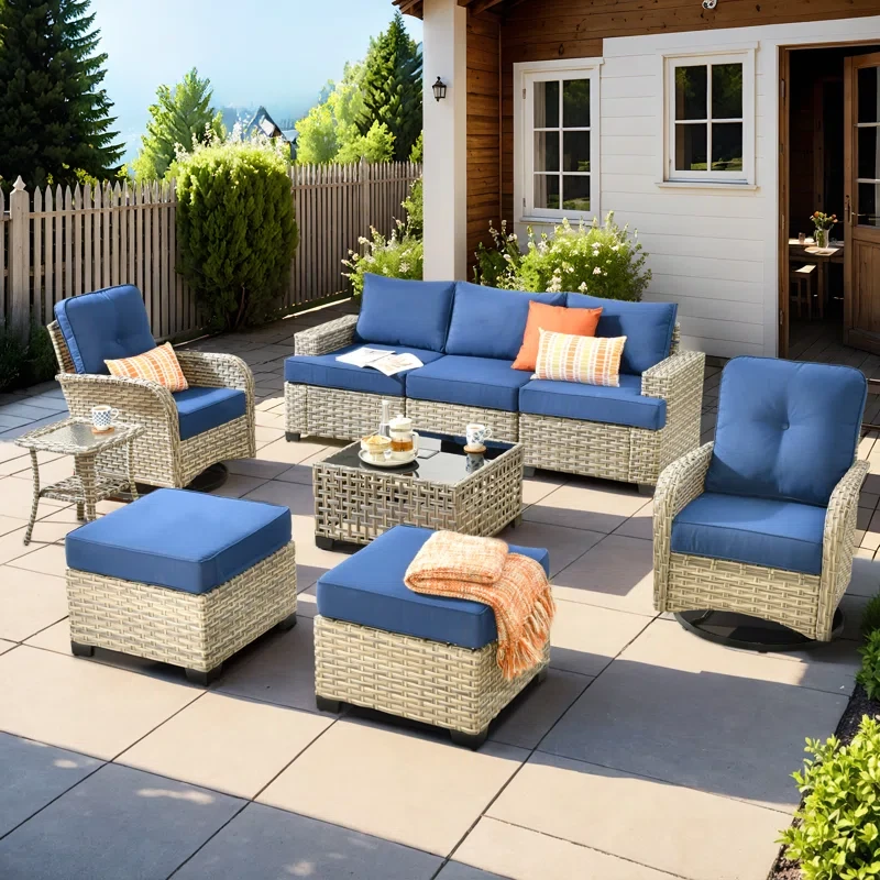 Tommy Outdoor Wicker 5 Person Seating Group With Cushions And Ottomans