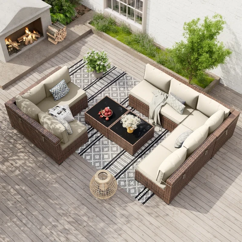 Modular 8-Person Rattan Sectional Conversation Sets With 2 Coffee Table