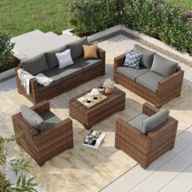 5-Pieces Wide Armrest Outdoor Sectional Rattan Conversation Set with Storage Table.