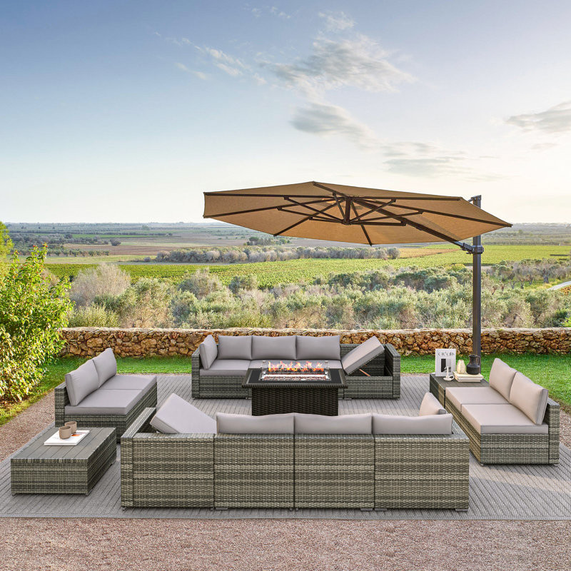 12 - Person Outdoor Wicker Patio Conversation Furniture Set with Fire Pit Table
