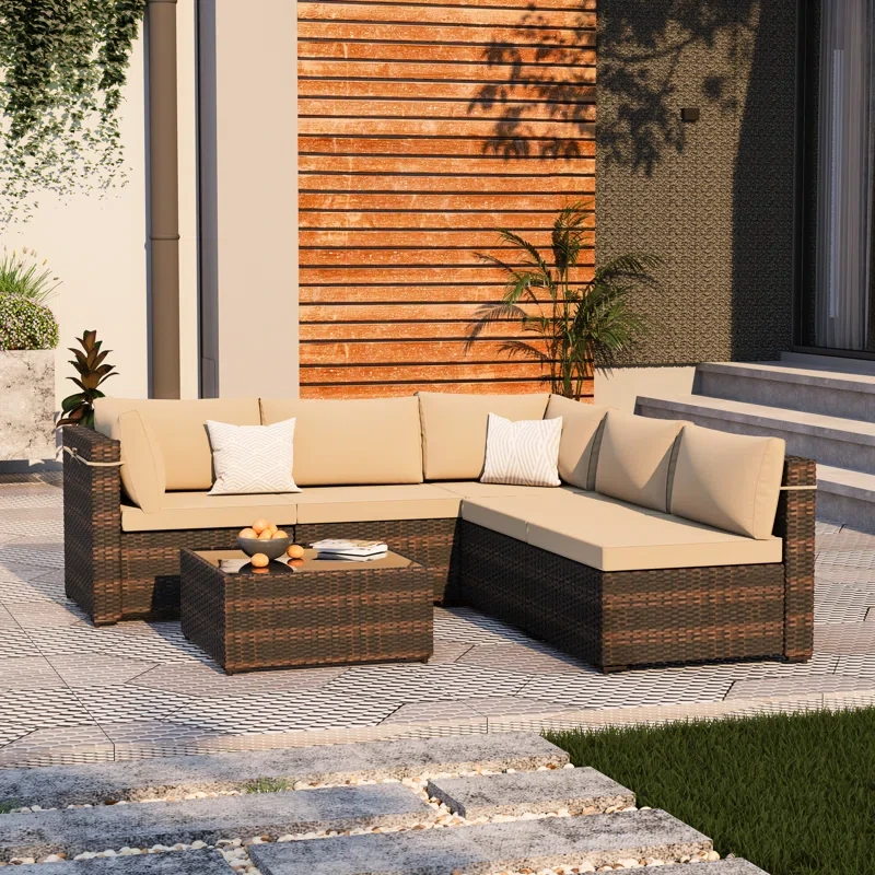 6 Piece Rattan Sectional Seating Group with Cushions