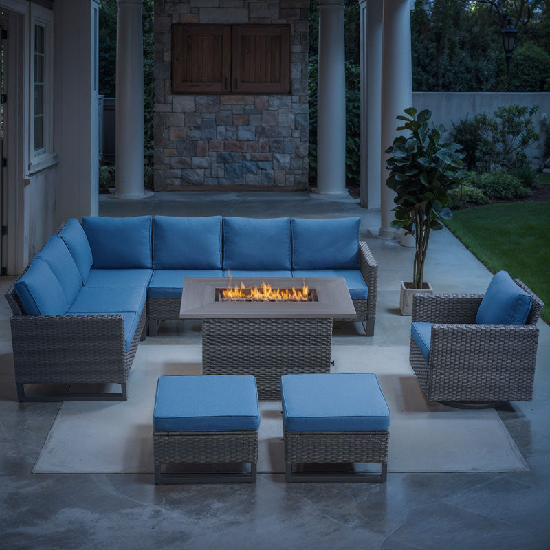 Hansencamp 8 - Person Outdoor Sectional Seating Group With Fire Pit With Swivel Glide Chair And Cushions