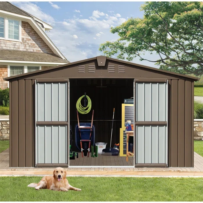 78.7" H x 138.11" W x 109.88" D Backyard Storage Shed With Galvanized Steel Frame & Windows, Outdoor Garden Shed Metal Utility Tool Storage Room With Lockable Door For Patio(Brown)