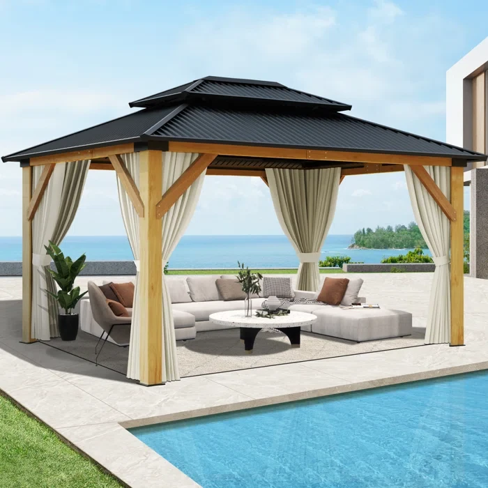 15 Ft. W x 13 Ft. D Outdoor Solid Wood Gazebo - Patio Galvanized Steel Hardtop Gazebo