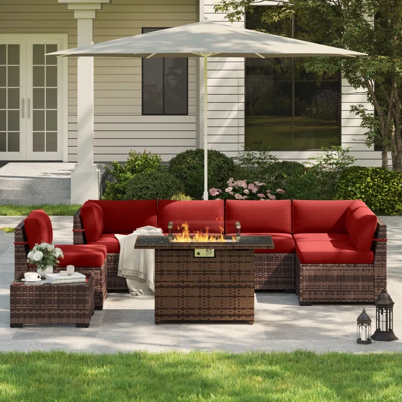 Rikuto 6 - Person Outdoor Slanted-Back Sectional Sofa With Coffee Table & Firepit