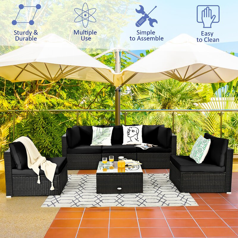 6 Piece Rattan Sectional Seating Group with Cushions