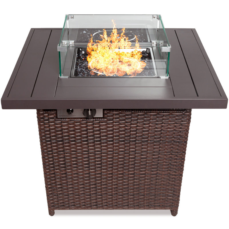 Arlmont & Co. 32In Fire Pit Table 50,000 BTU Outdoor Wicker Patio W/ Wind Guard, Glass Beads, Cover - Ash Gray