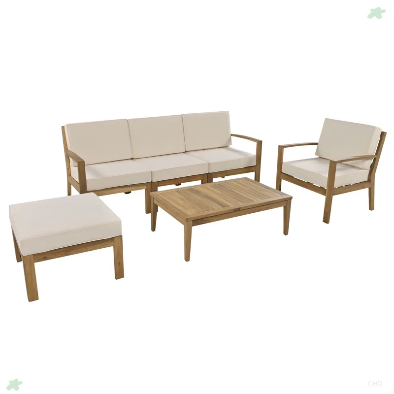 6-Piece Acacia Wood Frame Patio Sectional Sofa Set With Coffee Table And Removable Cushion