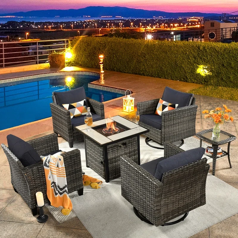 6 Piece Wicker/Rattan Patio Seating Group With Cushions (Fire Pit And Swivel Rocking Chairs Included)