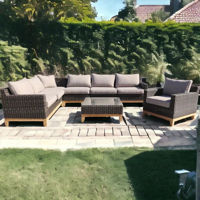 Courtyard Casual Maywood Silver Oak With Teak 6 Piece Sectional Set With 1 Left Loveseat, 1 Right Loveseat, 1 Corner Chair, 1 Armless Middle Extension Chair, 1 Coffee Table And 1 Club Chair