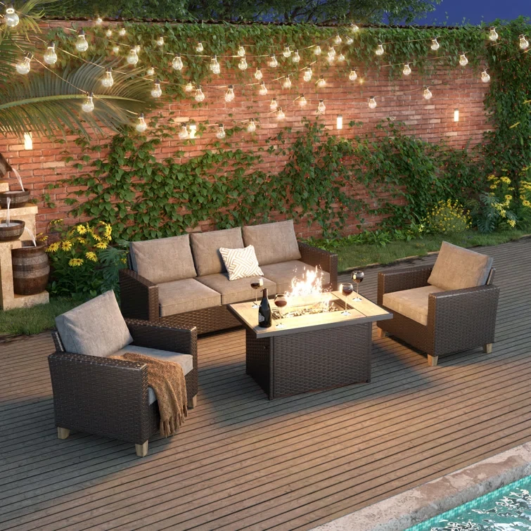 Umeh 6-Pieces Wicker Conversation Set With Fire Pit Table