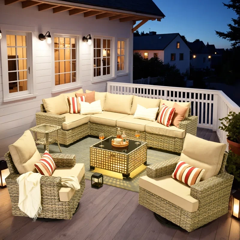 Outdoor Sofa 9-Piece Set With Coffee Table, Deep Size And Thick Cushion