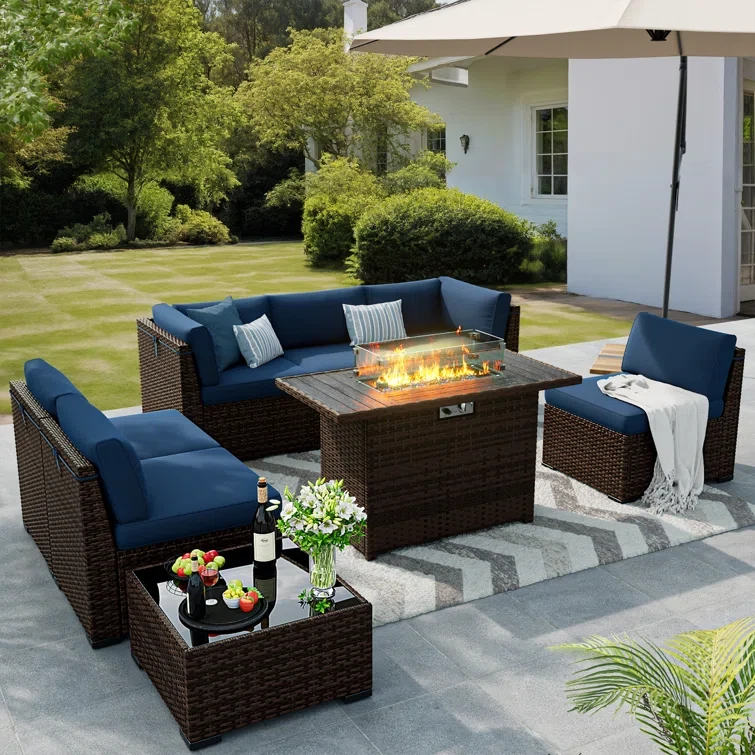 Modular Slanted Back Patio Furniture Sets & Sofa Cover with Firepit