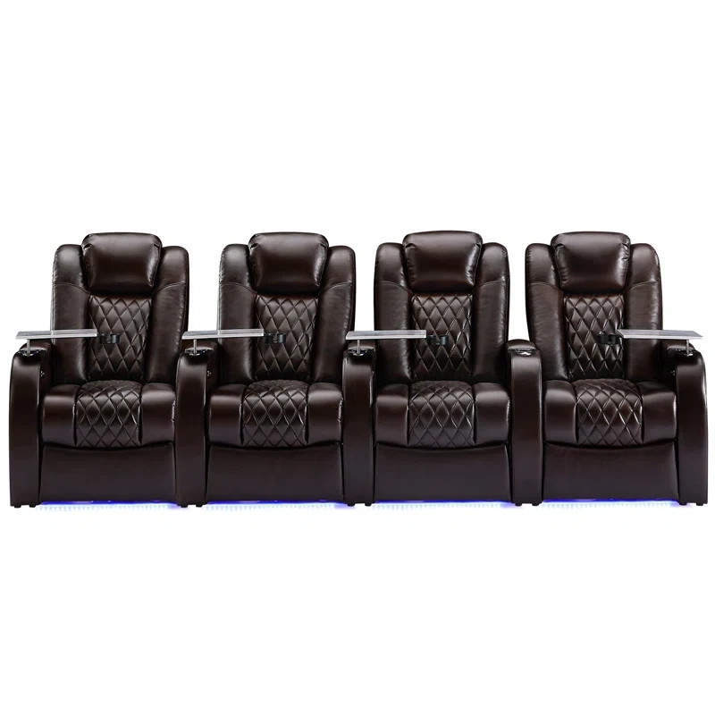 122" Wide Genuine Leather Home Theater Seating with Cup Holder (Set of 4)