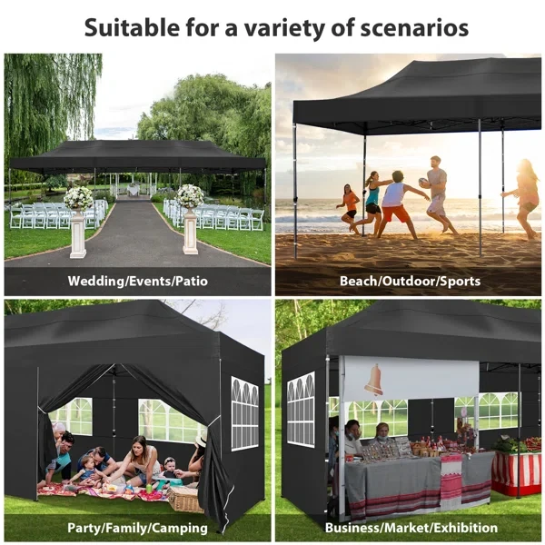 10 x 30 FT Pop up Canopy with 8 Sidewalls Waterproof Heavy Duty Commercial Canopy Tent,Black