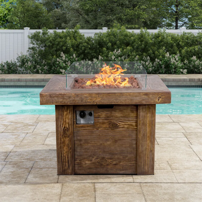 Kaelyne 30.5'' H x 34.5'' W Concrete Propane Outdoor Fire Pit Table with Glass Guard and Lava Rocks