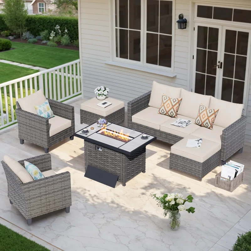 Dzion 5 - Person Outdoor Seating Group with Cushions and Firepit