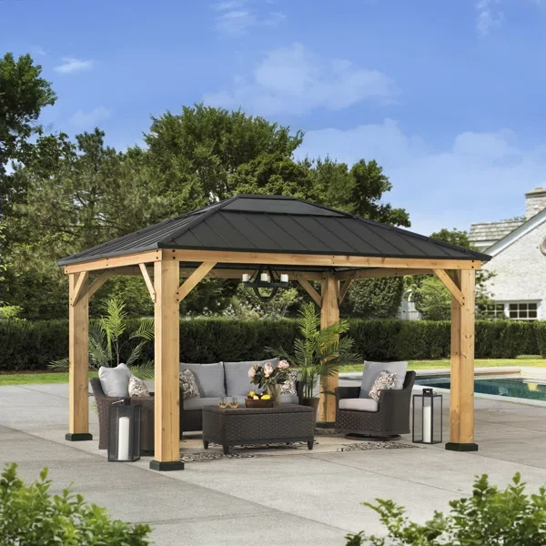 Sunjoy Brown 11 ft. x 11 ft. Patio Cedar Framed Polycarbonate Hip Roof Hardtop Gazebo