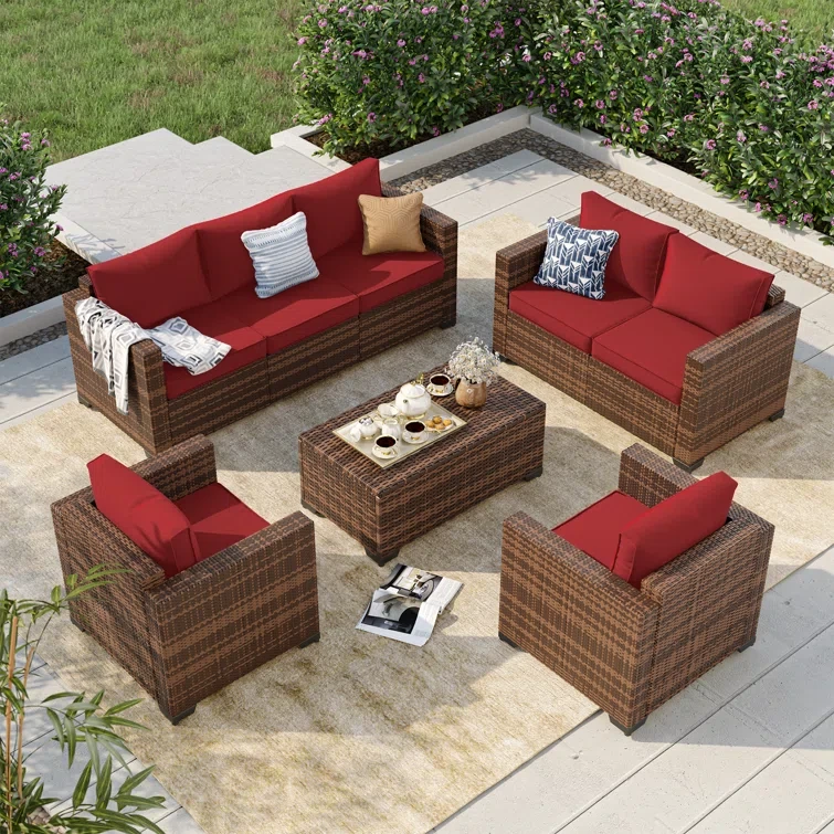 5-Pieces Wide Armrest Outdoor Sectional Rattan Conversation Set with Storage Table.