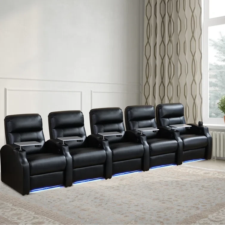 145" Wide Leather Home Theater Seating Recliner Chair with Cup Holder (Set of 5)