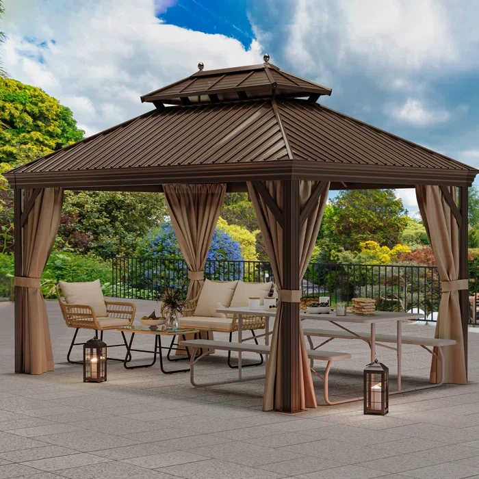 Outdoor Hardtop Aluminum Patio Gazebo with Antique Bronze Roof  16 ft x 12 ft