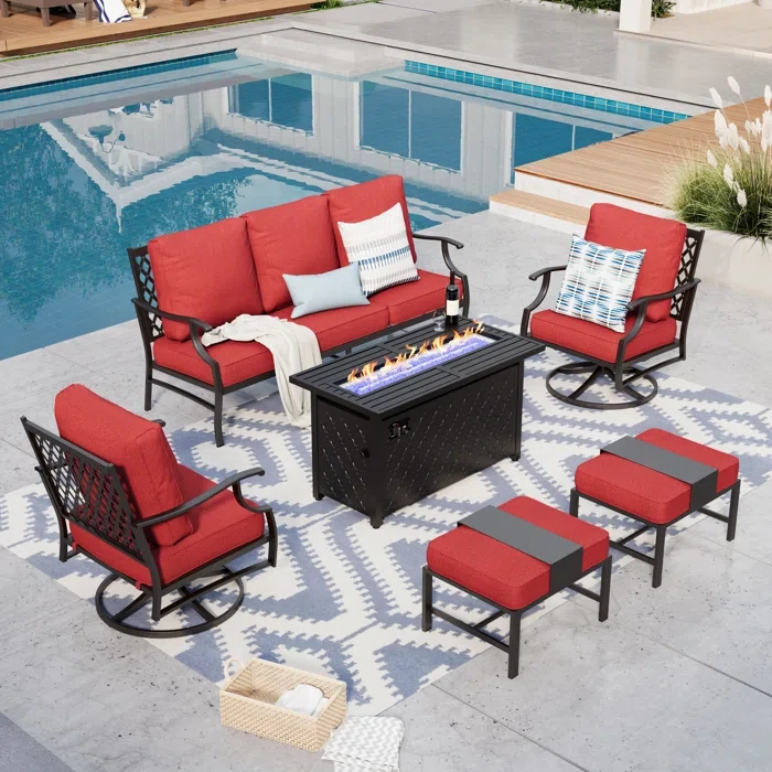 Asfand 7 - Person Outdoor Seating Group with Swivel Lounge Chairs& Firepit Table